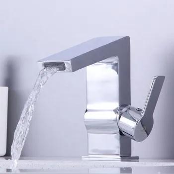 Луксозен месинг квадратен смесител за мивка в банята Изискан мед водопад за басейни със студена и гореща вода, смесител за баня с един отвор