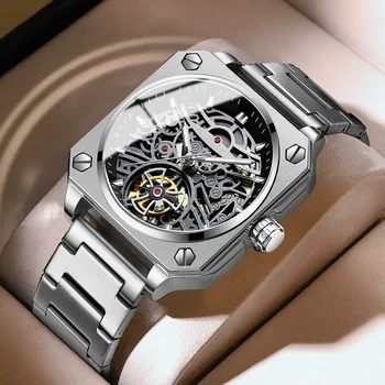 Механични часовници BINBOND квадратна форма, с турбийоном за мъже, висококачествени водоустойчиви мъжки часовници с виртуален скелет, напълно автоматични часовници