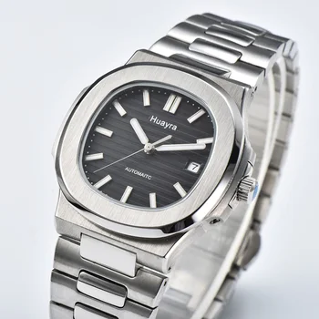 Механични часовници HUAYRA мъжки с черен циферблат, каишка от неръждаема стомана, автоматични часовници, квадратни водоустойчив ръчни часовници, нова дата 2023