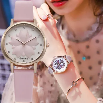 Модерни дневни реколта кожени дамски часовник с цветен циферблат, прости дамски кварцов часовник с показалеца от розово злато, дамски часовници Reloj