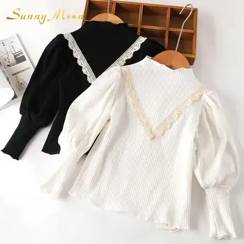 Модни детски гамаши с везикулозната ръкави, пролет-есен облекло, нова стилна детска бяла тениска с полувысокой талия от 1 до 14 години