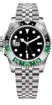 Мъжки леворукие 40 мм независими часовници GMT черно зелени керамични bezel от неръждаема стомана механичен автоматичен часовник светещи
