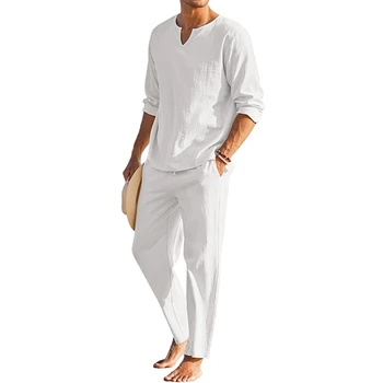 Мъжки летен комплект дрехи от памук и лен на Ризата Хенли с дълъг ръкав, Панталони с еластичен ластик на талията комплект дрехи за почивка