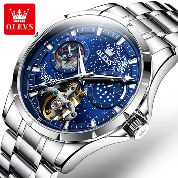Мъжки ръчен часовник най-добрата марка Автоматични механични часовници за мъже от неръждаема стомана Дълбоко водоустойчив фаза на Луната звезден циферблат подарък за момчета