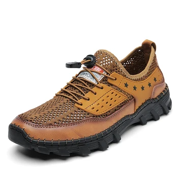 Мъжки спортни и ежедневни обувки от телешка кожа ръчно изработени, улични мъжки модни сандали от окото на материала, лятна обувки без приплъзване