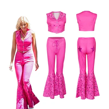 Нови филми Хелоуин момиче Барби Cosplay костюм за парти с лък без ръкави Винтажное розова рокля в клетката комплект дрехи в стил уличен пънк-роза