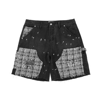 Оръфан дънкови къси панталони в стил хип-хоп с модел в стил мозайка, мъжки и женски директни Y2K, провиснал на ежедневните дънкови панталони с дължина до коляното, оверсайз