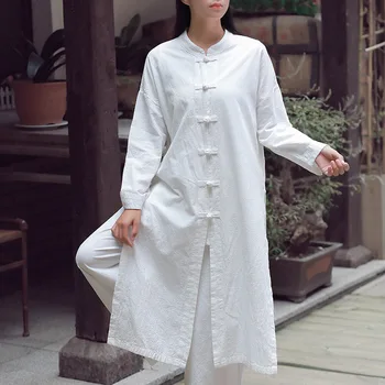 Памучен дамски бельо риза за бойни изкуства-кунг-фу-тай-чи с дълъг ръкав, китайската традиционна ежедневни риза за тренировки, медитация, ушу, йога