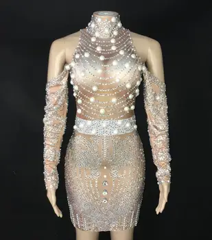 Пенливи ново дизайнерско рокля с перли и кристали, женствена рокля за рождени дни, танц облекло, вечерен бар, сценичното рокля на певицата, стрейчевое рокля
