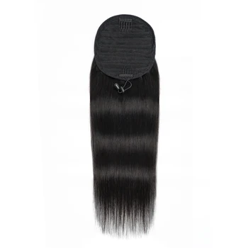 Права опашка с завязками, 10-30 см, коси, индийски шнола за коса разширения, опашка Реми за жени, натурален черен