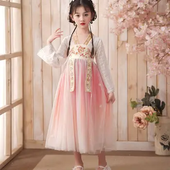 Пролетно розова пола принцеса Ханфу за момичета, моля костюм фея на династията Тан, детски скромен празничен костюм за cosplay