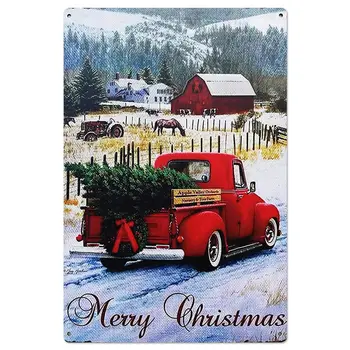 Реколта метална дъска, висящи табели, ретро Коледна елха, червен камион, на фермата на кон, Коледа, Щастлив дом, бар, клуб, боядисани стени, Христос