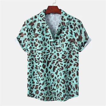 Секси леопардовая мъжки хавайска риза, лятна новост 2022, плажна риза с къси ръкави, мъжка тениска за празничната рок партита