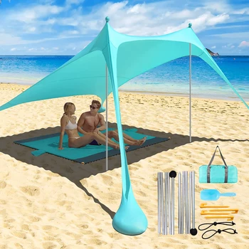 Семеен плажен навес 2.1 M * 1,6 М Сверхлегкая солнцезащитная палатка с торба с пясък UPF50 + UV Преносим плажен навес