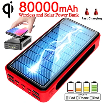 Слънчев безжичен Powerbank 80000 ма Ци зарядно устройство Преносимо вътрешно зарядно устройство за Бързо зареждане на телефон външната батерия за Xiaomi iPhone13