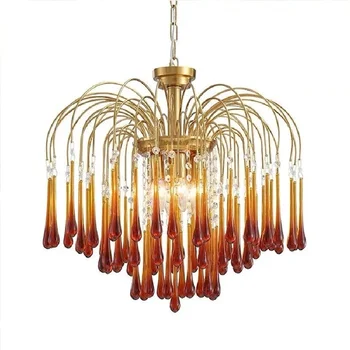 Съвременни италиански led стъклени полилеи във формата на капка вода, на френски дизайнерски окачен лампа от жълт бронз кристал за хранене, висящ лампа