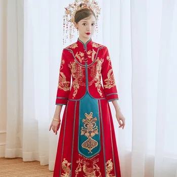 Традиционното Елегантна Сватбена Рокля на Булката с Бродерия на Феникса и Пискюл Рокли, Китайски Сватбен Костюм За Двойки китайски дрехи