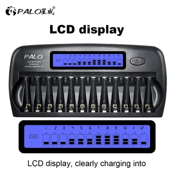 Умно LCD зарядно устройство PALO с 12 слота, тип АА за бързо зареждане на NIMH nicd aa aaa акумулаторни батерии 1.2