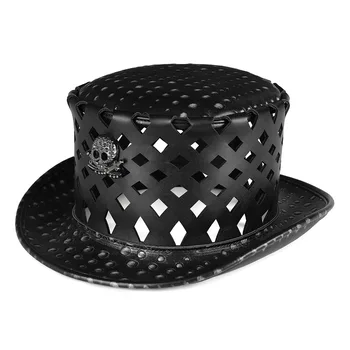 Филц шапки за мъж със стил стримпанк от изкуствена кожа, черна кръгла шапка, выдалбливают череп с форма на диамант, декоративен купол на д-Р чума, Магическа шапка
