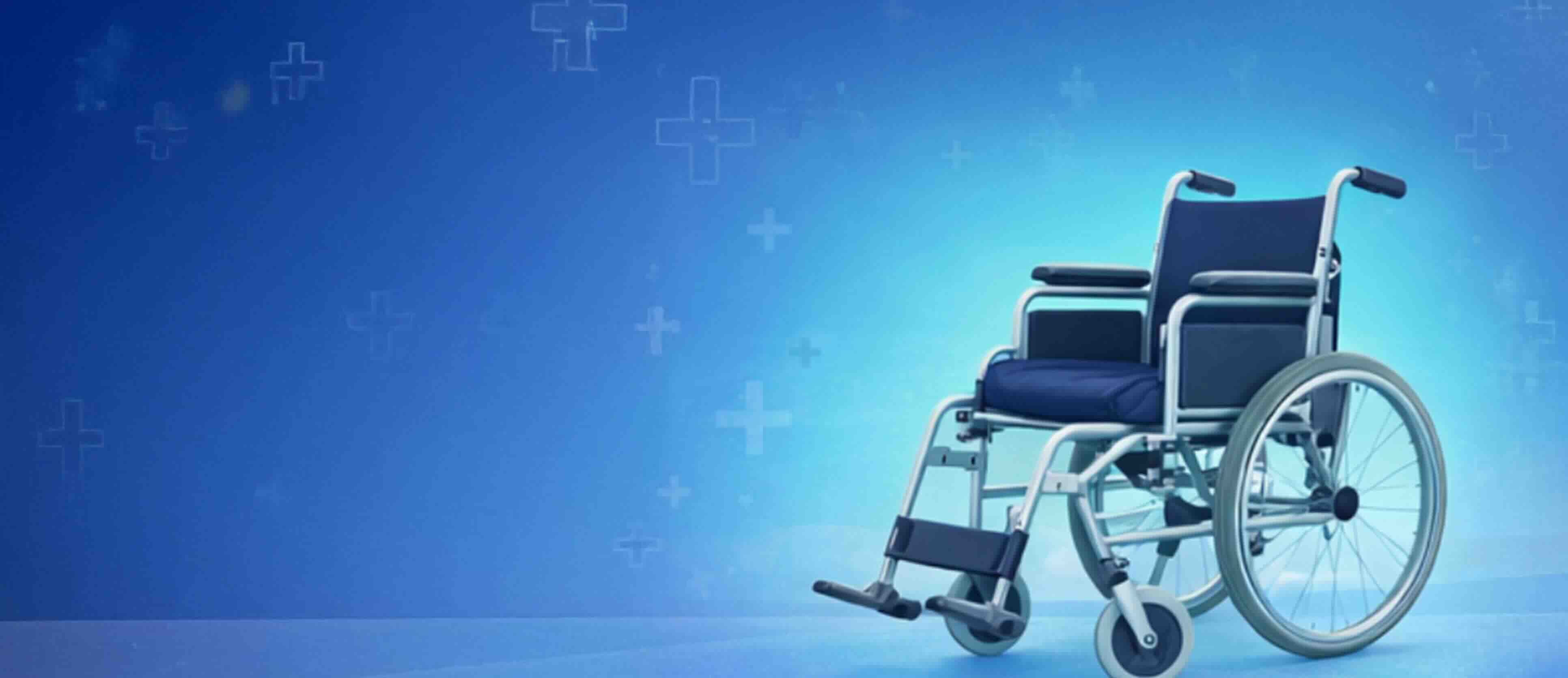 Fond bleu avec une chaise roulante en avant plan à droite