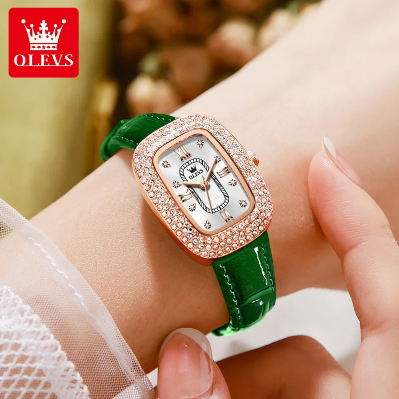 OLEVS 9940 Модерен дамски часовник с квадратен диамант, най-добрата марка за луксозни дишаща кожена каишка, водоустойчив дамски кварцови часовници, дамски