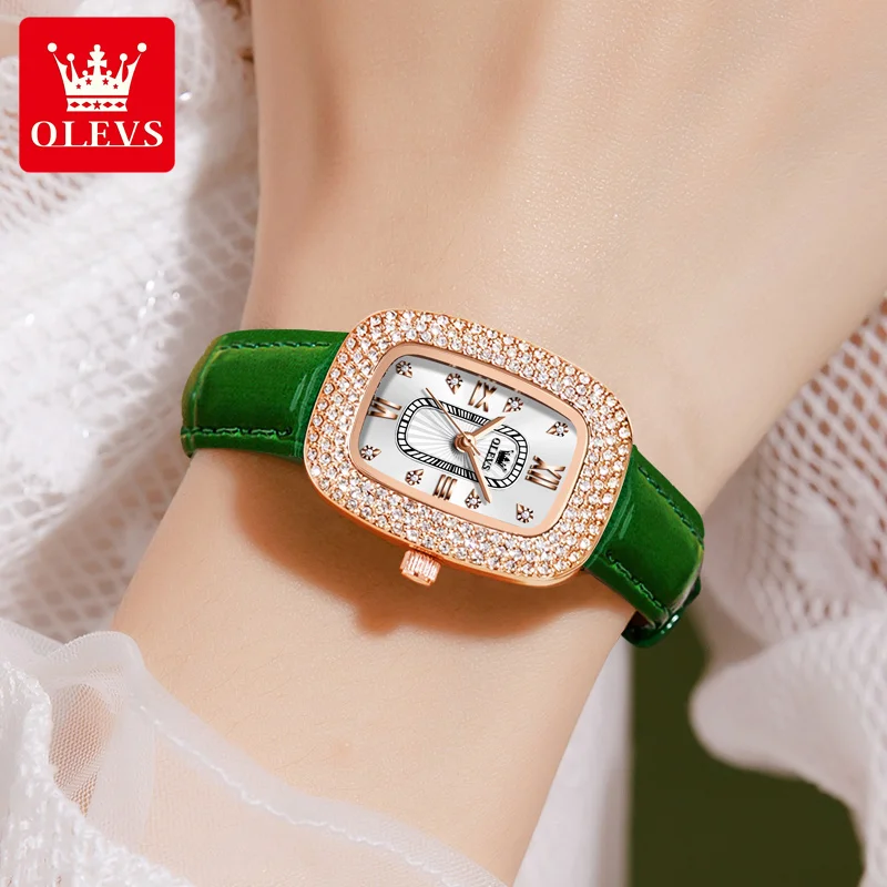 OLEVS 9940 Модерен дамски часовник с квадратен диамант, най-добрата марка за луксозни дишаща кожена каишка, водоустойчив дамски кварцови часовници, дамски