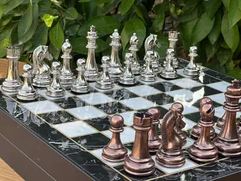 Метални фигури за настолната игра на шах, 34-38 см - Метални класически шахматни фигурки - Комплект шахматни фигури само от бронз и сребро