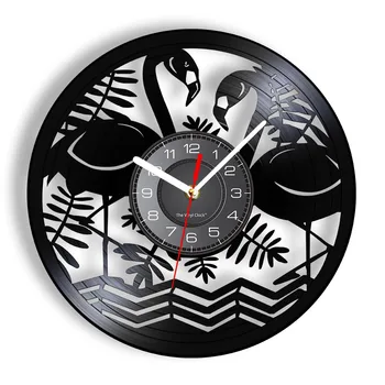 Птици фламинго, диви животни, кръг, Модерните стенни часовници, изкуството за домашен интериор, интериорен дизайн, Реколта vinyl плоча, декоративни часовници